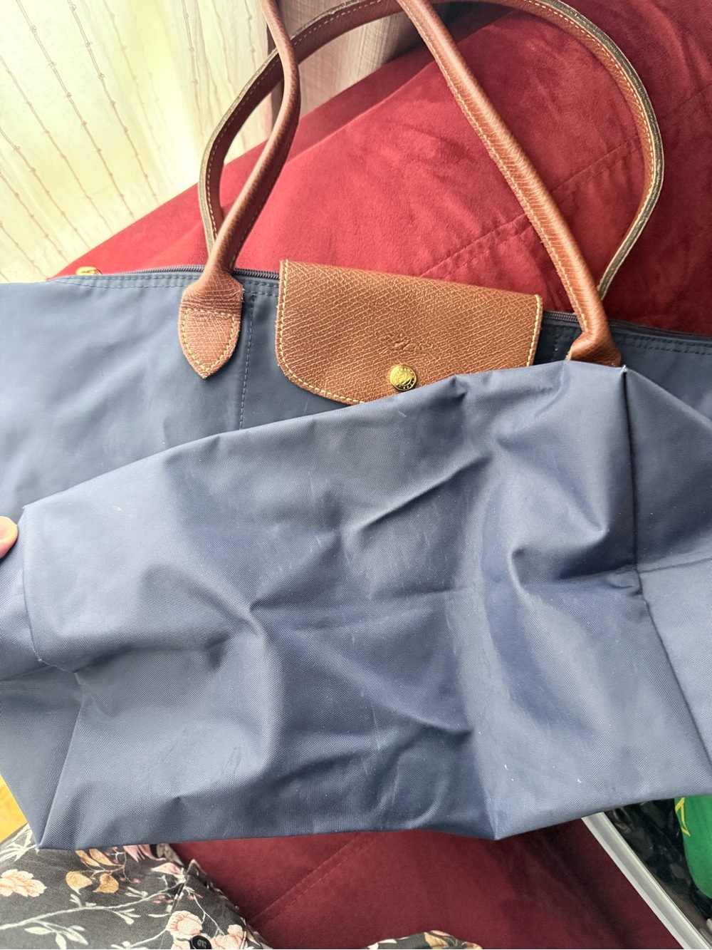 Longchamp Navy Tote with Brown Leather Trim - Picture 2 of 4